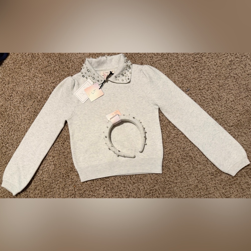 Embellished Heather Grey Sweater Headband Set Girl Sz Small (7-8) Festive Formal